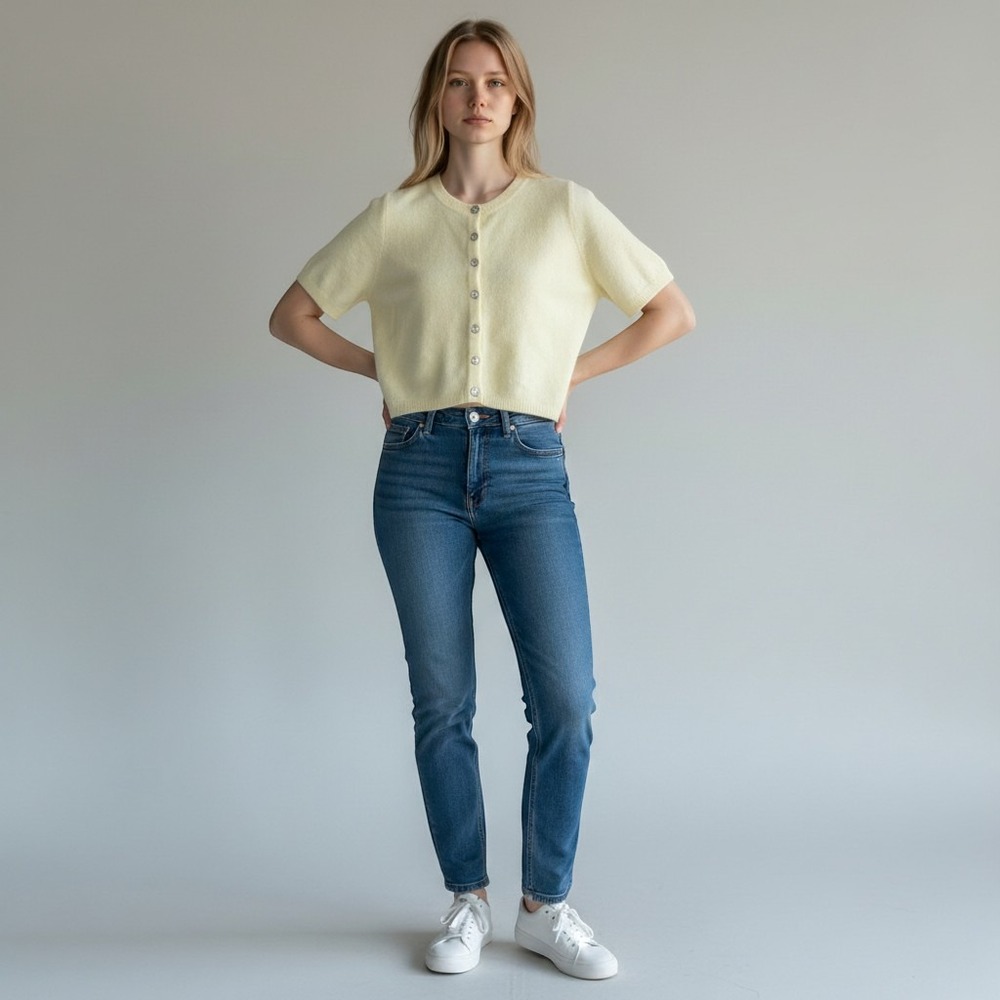 Song of Style Women Short Sleeve Cardigan Yellow Size M Preppy Minimalist Casual